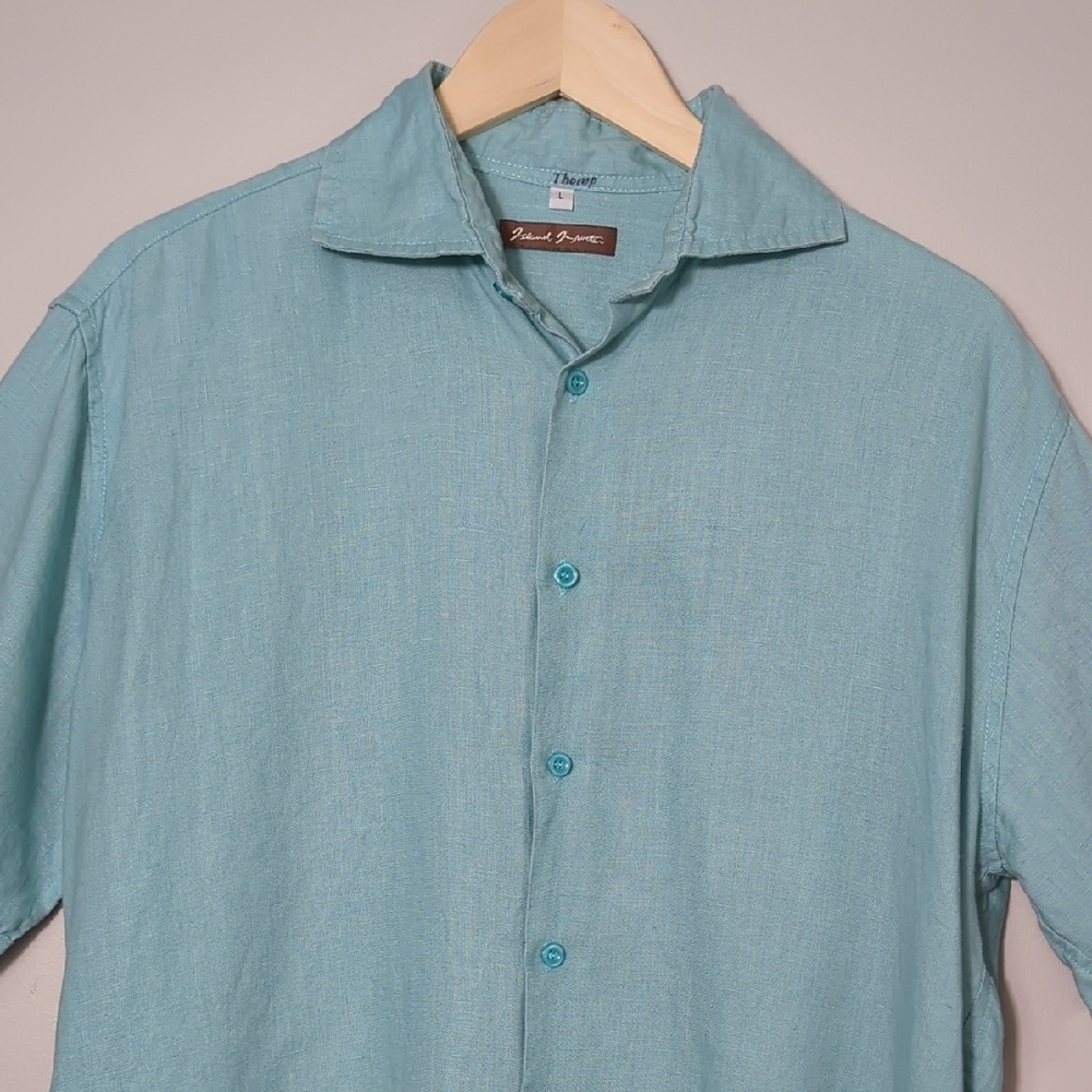 Island Importer Men's Linen Aqua Short Sleeve Button Down Shirt Large Beachy - Picture 5 of 13
